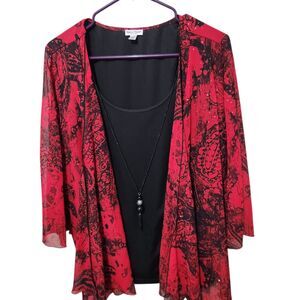 Rebecca Malone Blouse Size 1X Black Red Color Poncho Attached